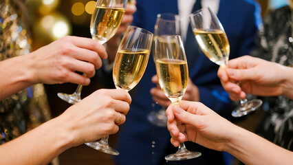 Hands of a group of friends clinking champagne glasses together in a celebratory toast