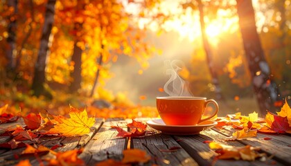 サンシャインブレイク：紅葉の絨毯が広がる中で味わう至福の一杯Generated image