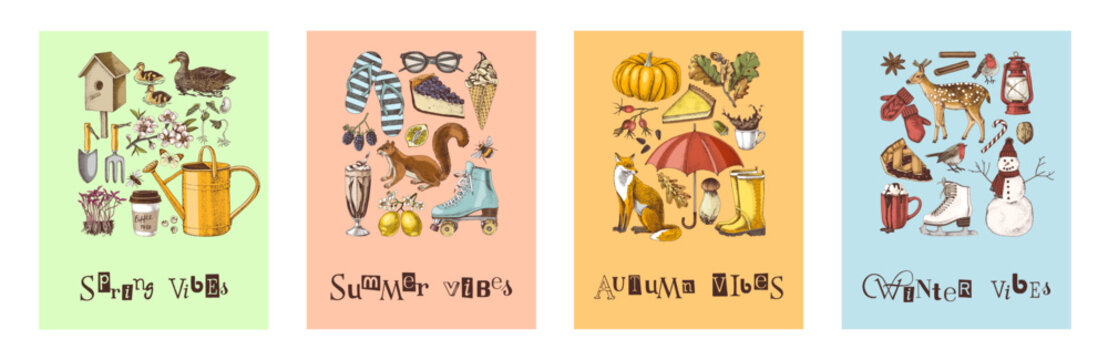 Four seasons posters set vector