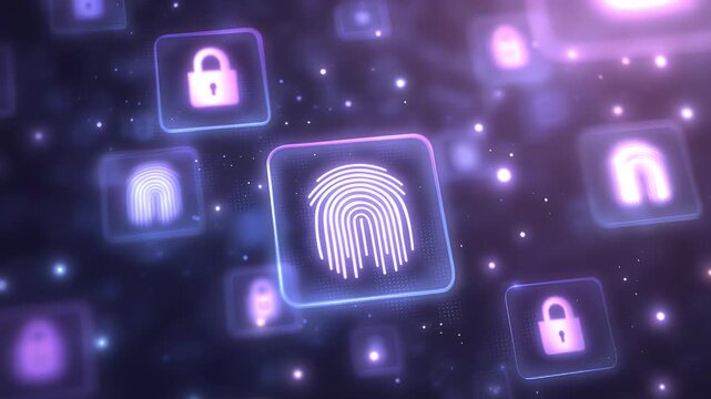 floating icons representing two-factor authentication, password protection, and biometric ID