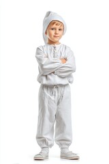 Adorable toddler boy in white sleepwear, studio shot. Ideal for children's fashion, apparel, and e-commerce.