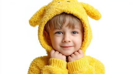 Happy toddler boy in a yellow hooded sweater. Perfect for websites, cards, and apparel.