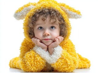 Adorable toddler boy in a fluffy yellow animal costume. Perfect for websites, greeting cards, and children's products.