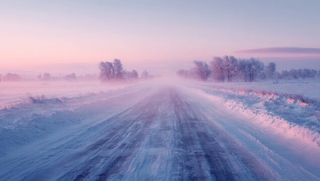 A snow-covered road vanishes into a hazy, pastel sunrise, flanked by frost-covered trees and snowdrifts