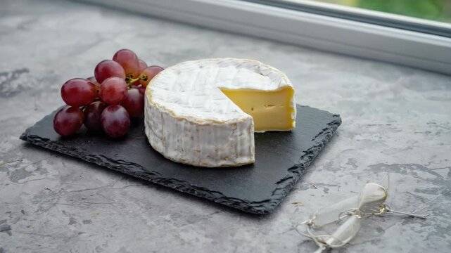 A tasty brie cheese with grapes for dipping on a black slate. Perfectly plated appetizer.