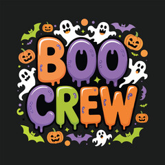Festive Halloween Illustration Featuring the Words Boo Crew Surrounded by Ghosts Pumpkins and Bats Against a Dark Background Capturing the Spooky Fun of the Holiday vector 