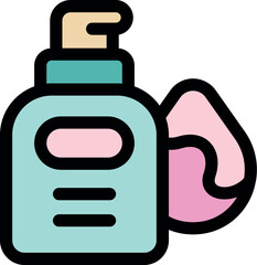 Plastic dispenser bottle pouring pink cosmetic product, such as moisturizing lotion or liquid soap, for skincare and body care routine