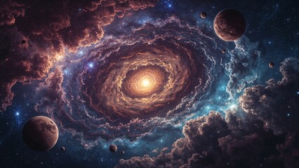 Glowing Spiral Galaxy with Planets in Deep Space