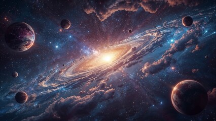 Glowing Spiral Galaxy with Planets in Deep Space