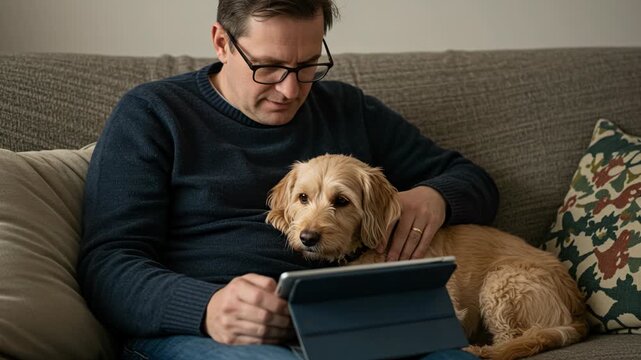Man and dog relaxing on couch with tablet