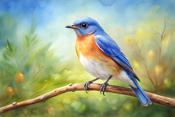 Fototapeta premium Eastern Bluebird Perched on Branch in a Softly Painted Spring Landscape
