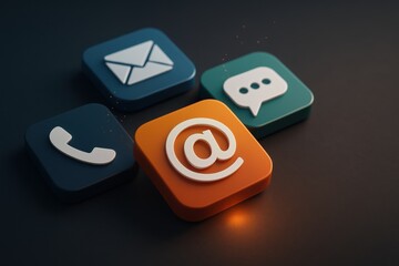 Colorful 3D contact icons with phone, email, at symbol, and chat message on dark background
