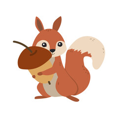 Fototapeta premium Cartoon squirrel happily hugging a large acorn. Bright and cheerful vector illustration perfect for nature-themed designs, children s books, or playful decor projects.