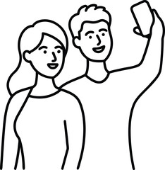 minimalist line art couple taking selfie illustration on transparent