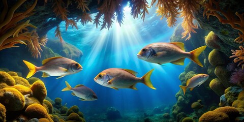 Fototapeta premium Sunbeams illuminate a vibrant underwater scene, showcasing a school of fish gracefully swimming amidst colorful coral formations and rocky caverns, a mesmerizing spectacle of aquatic life.