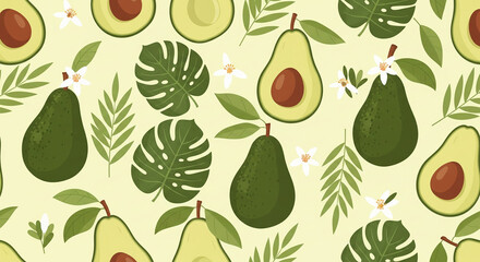 Obraz premium Seamless Avocado Vector Pattern with Leaves and Blossoms