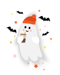 Cute autumn ghost in a hat with coffee on a white background. Vector illustration for Halloween.