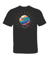 Melting Globe T-Shirt Vibrant and Artistic Graphic Design Featuring a Colorful Planet with Dripping Paint and Sunburst Accents on a Dark Tee vector 