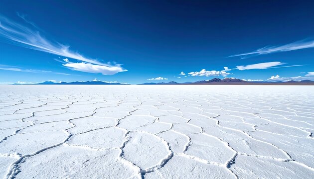 Wide perspective showcasing a vast, cracked salt flat under a bright, azure sky with wispy clouds and distant mountains. The flat's surface is textured