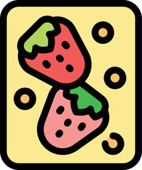 Two strawberries filling yellow squarish area representing playing card of hearts suit
