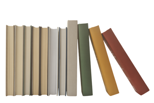 Stacked books in muted colors lean against each other for study