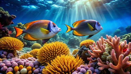 Obraz premium Vibrant Reef Inhabitants Gracefully Swimming Amidst Colorful Coral Formations and Sunlit Waters