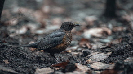 Obraz premium Blackbird standing on forest floor surrounded by fallen leaves and muted earthy tones in a natural setting with soft focus background elements.