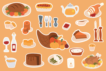 Thanksgiving scrapbook stickers. Vector set of cozy doodle autumn elements with turkey, cornucopia, vegetables, pumpkins, pie, cakes and others.