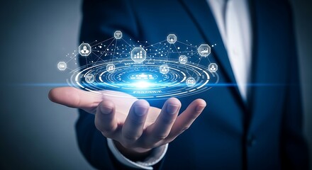 Man's hand holding glowing digital network of icons and connections technology data