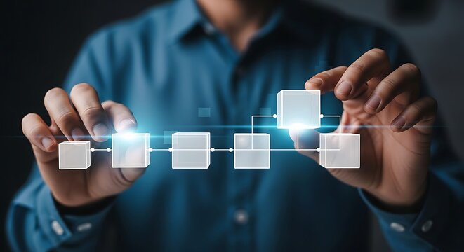 Person Arranging Digital Cubes in a Flowchart Sequence hands blocks