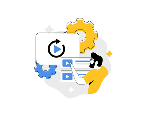 Suggested video feature highlights video suggestion seo concept. Social media online platform recommends relevant video clips to users improving visibility and audience engagement vector illustration.