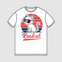 Stylish Cat T-Shirt Design Featuring a Cool Cartoon Cat with Sunglasses Against a Retro Sunset Background