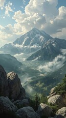 Majestic mountain landscape with a valley veiled in mist under a cloudy sky