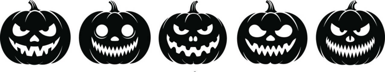 Jack-o'-Lantern Silhouettes with Unique Carved Faces, Halloween Pumpkin Vector, Black Design Icons, Spooky Expressions, Festive Decoration Elements
