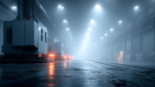 Industrial Fogscape: An enigmatic scene unveils a massive industrial space enveloped in a thick fog, revealing heavy machinery under the diffuse glow of overhead lights.