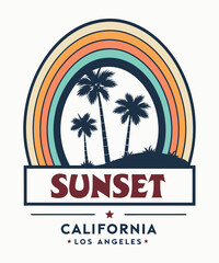 Vintage Sunset Vibes in California Los Angeles with Palm Trees and Retro Rainbow Graphic Design tshirt design vector 