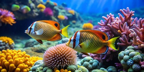 Naklejka premium Vibrant Reef Inhabitants Two Ornate Fish Gracefully Swim Amidst a Lush Coral Garden, a Symphony of Colors and Textures in the Underwater World