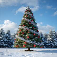 "Decorated Christmas tree outdoors in snowy winter landscape."