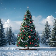 "Decorated Christmas tree outdoors in snowy winter landscape."
