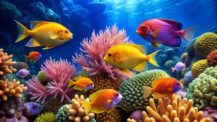 Vibrant Reef Ecosystem with Diverse Colorful Fish Species Swimming Amongst Coral Formations
