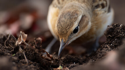 Brown bird foraging in soil amongst fallen leaves,  for insects and seeds in a natural environment, showcasing detailed feathers and vibrant colors.