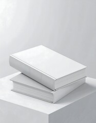 Two blank books stacked on a white cube