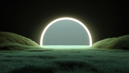 Glowing semicircular neon archway in a dark, grassy field.  A tranquil, surreal landscape