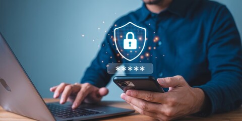 Cybersecurity and Secure Access: A person engaging with modern technology, exemplified by laptop and smartphone, navigating secure login portals, representing digital safety and data privacy