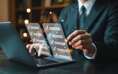 Digital checklist and a businessman: A sharp businessman in an elegant suit is meticulously working on a digital checklist on a laptop, representing precise data management and project control. 