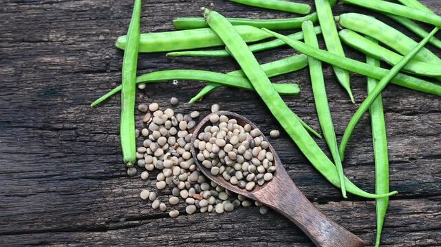 Cluster beans or gawar phali (guar) seed on wooden background, Cyamopsis tetragonoloba