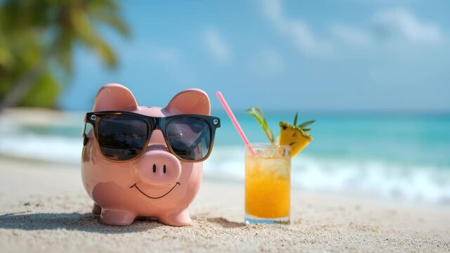 A cheerful piggy bank wearing sunglasses sits on the sandy beach beside a refreshing tropical drink. The ocean waves and palm trees create a perfect vacation setting