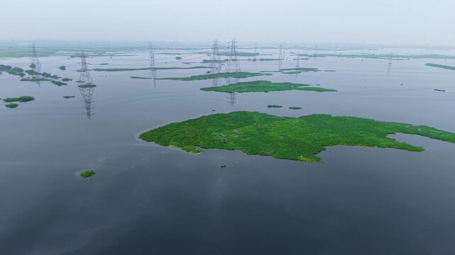 Aerial drone shot wide panning shot of rural farmland landscape with water body and power lines, captured at sunrise in the fresh monsoon season near Delhi, India.