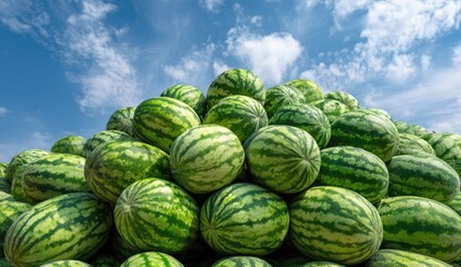 Obraz premium A large pile of ripe watermelons sits under a bright blue sky with fluffy white clouds