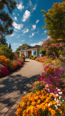 Front yard of a house with trees, plants and green lawn